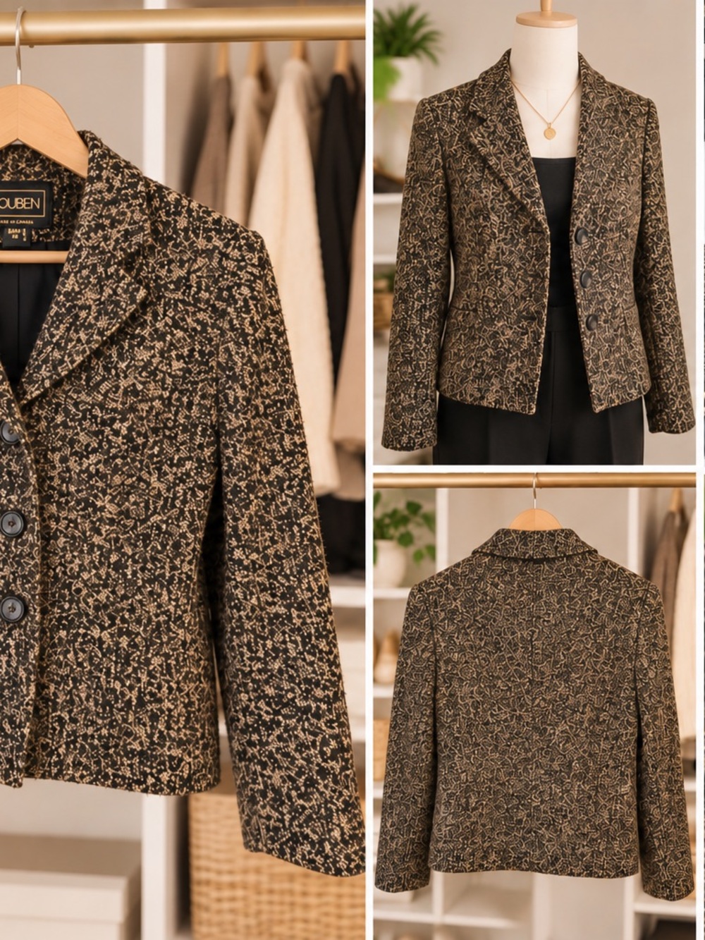 Vintage Louben Tweed Blazer Size 10 Made in Canada Brown Black